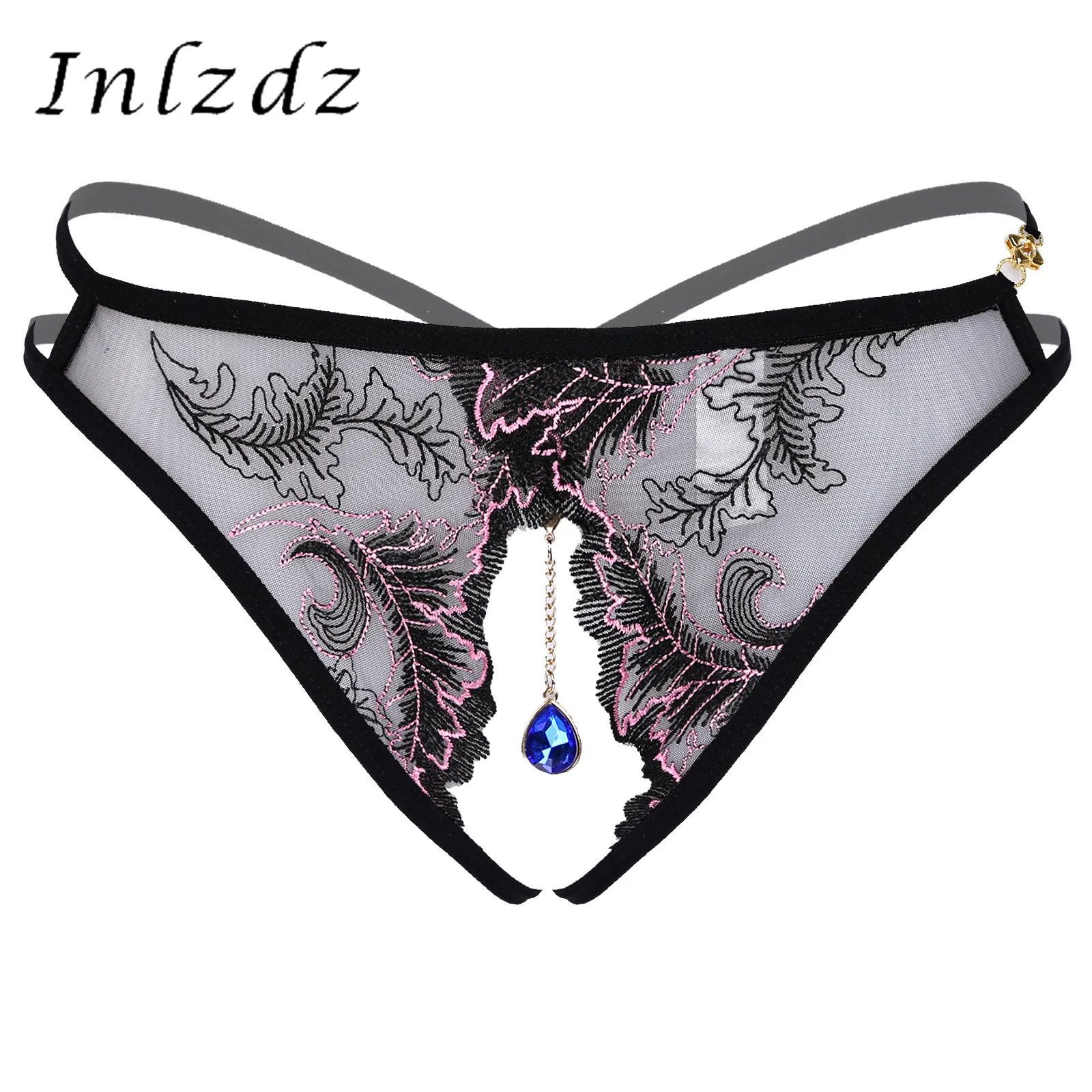 Lingerie Crotchless Sissy Underwear for Mens Rhinestone Pendant Flower