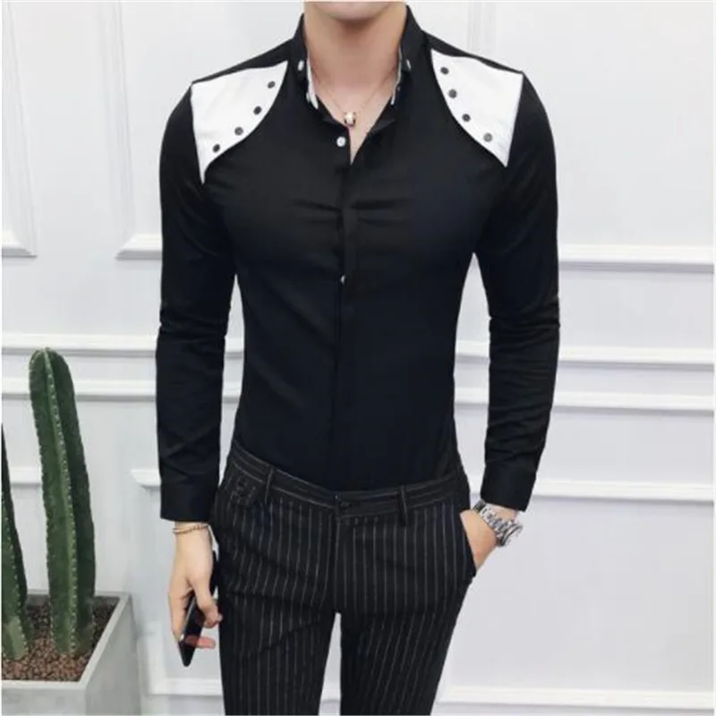 Контрастная черно-белая Лоскутная рубашка для мужчин camisa social masculina Корейская мужская одежда новые осенние повседневные мужские рубашки slim fit