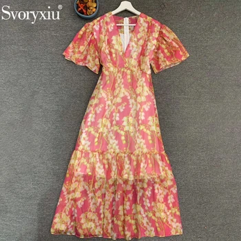 

Svoryxiu Runway Designer Fashion Female Summer Floral Print V-Neck Vintage Vacation Dress Women Ruffles High Waist Long Dresses