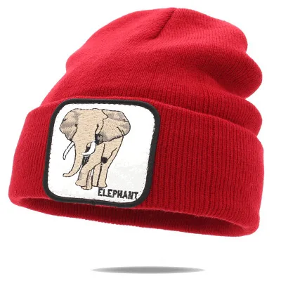 Red Elephant Унисекс шапочка вязаная с вышивкой в виде животных, Лоскутная манжета с черепом, теплая зимняя мягкая эластичная вязаная мужская шапка - Цвет: Red Elephant