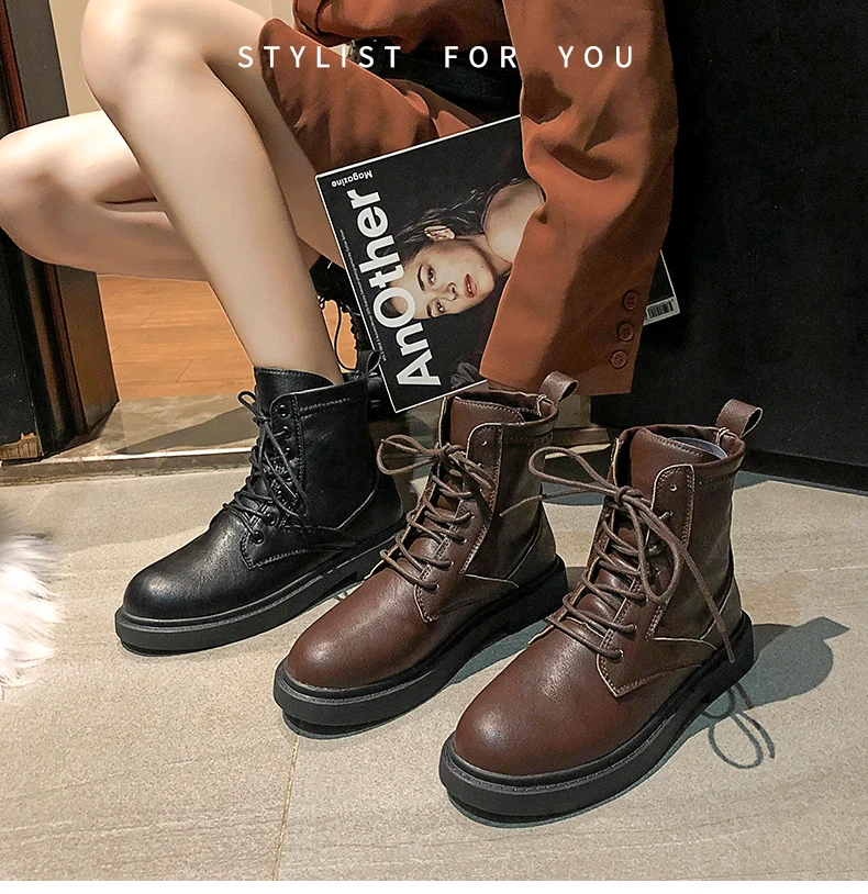 Lace Up Women's Leather Boots Flat Heel Round Toe Low Heels booties Booties Ladies Fashion Womens Shoes Boots-women Punk