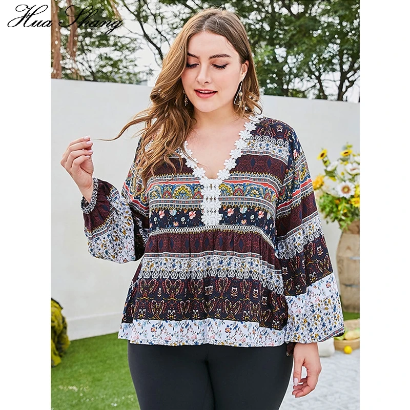  4XL Plus Size Blouse Shirt Women Summer Lace V Neck Lantern Long Sleeve Retro Print Multicolor Vint