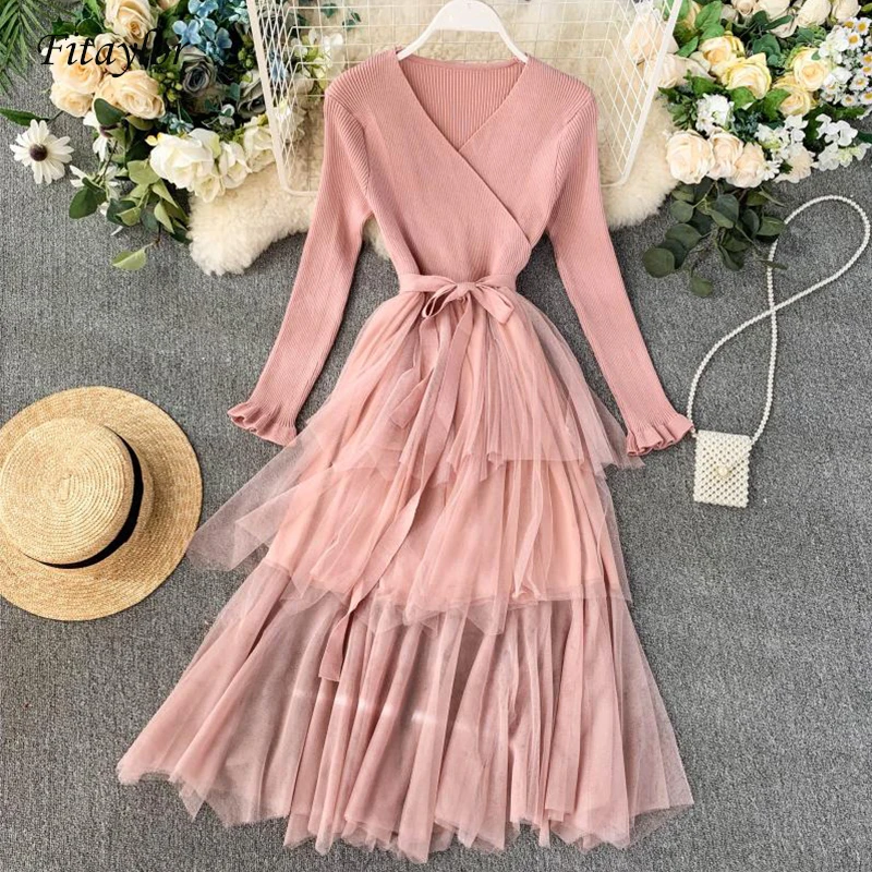 Fitaylor Новое Женское платье из тюля весеннее Сетчатое с высокой талией