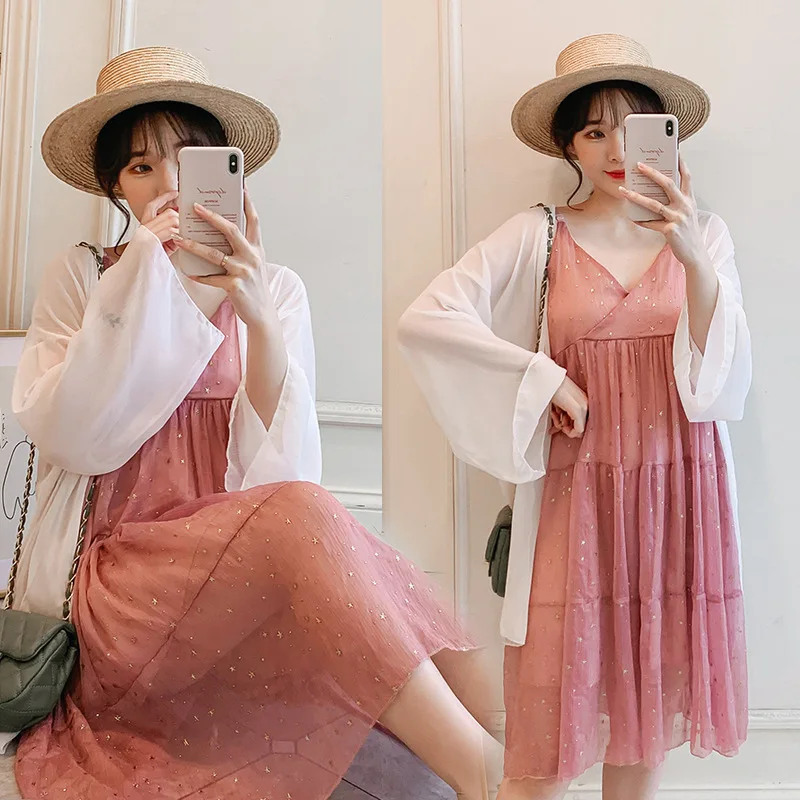 

2019 New Style Spring And Autumn Two-Piece Set Maternity Clothes Summer Skirt Tops Camisole Sun-resistant Cardigan Pregnant Wome