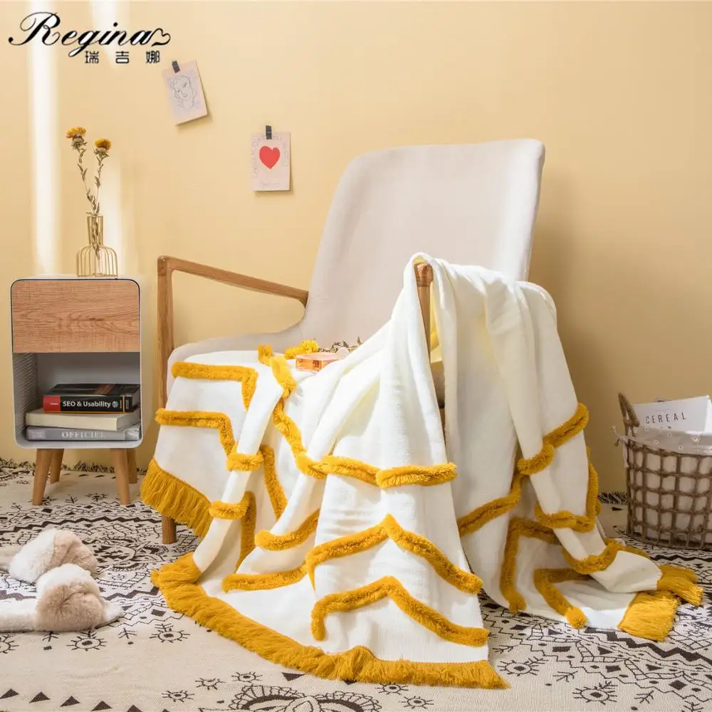 Regina Bohemian Cute Fringes Tufted Blankets Yellow Pink Blue Elegant Home Decorative Sofa TV Soft Warm Wearable Throw Blanket | Дом и сад