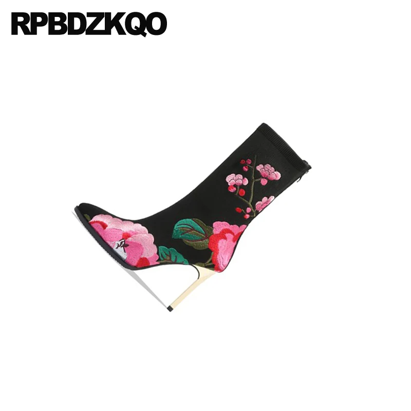 embroidered pointed toe elastic slip on embroidery shoes beige brand stiletto sock flower black metal heel boots knit high women
