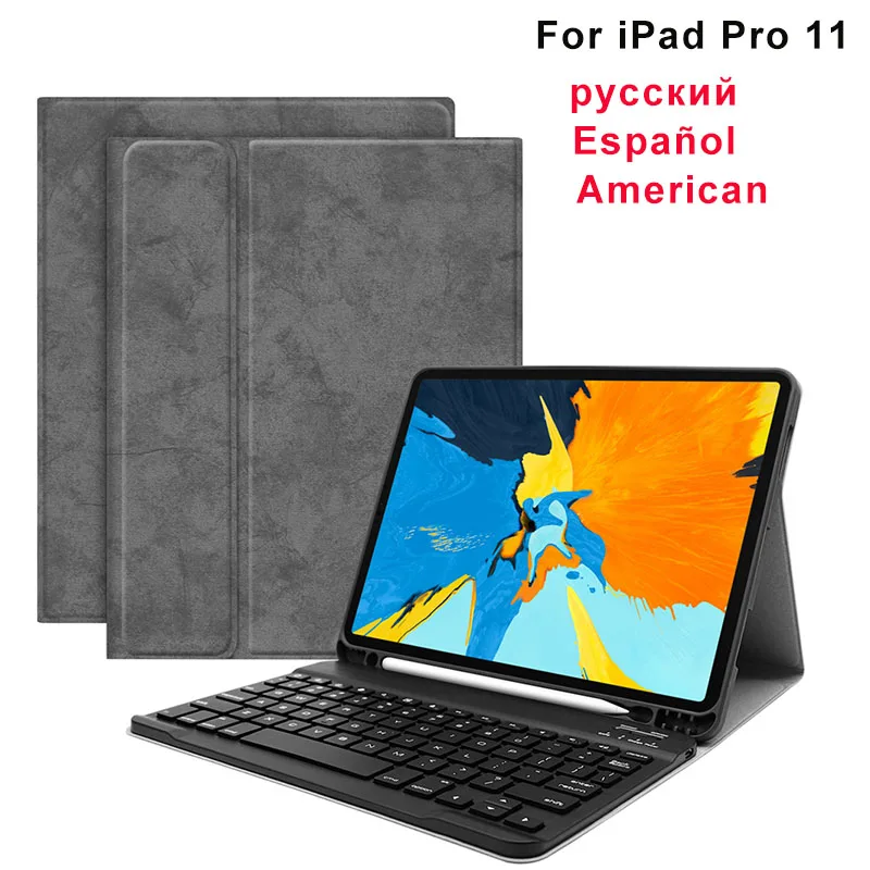 Русская/испанская клавиатура для планшета для iPad Pro 11 тканевый зернистый чехол из полиуретановой кожи для планшета со слотом для ручки Bluetooth американская клавиатура