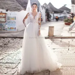 2019 Vestidos De Noiva Свадебные платья с глубоким v-образным вырезом, прозрачное кружевное платье с длинными рукавами и аппликацией, свадебное