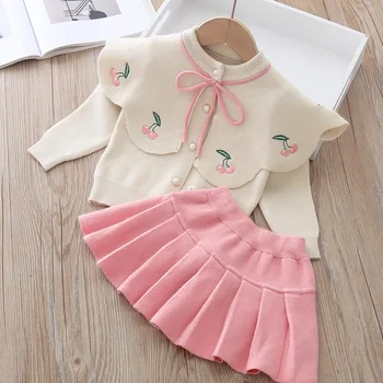 

Baby Girls Winter Clothes Set Christmas Outfits Kids Cherry Embroidered Knit Sweater&Dress Girl Clothing Set Children Costume