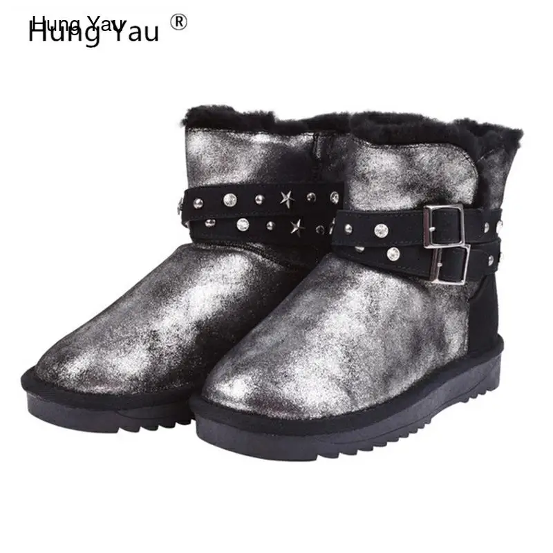 Женские замшевые ботинки на меху Hung Yau Черные ботильоны танкетке теплые из фетра