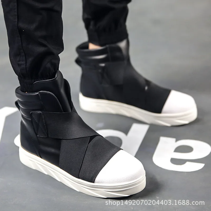 Soft Leather GZ Punk Hip Hop Shoes Men White Solid Dance Platform Flats Fashion Lace Increased Man High Top Zapatillas Hombre