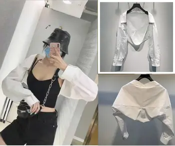 

New Fashion Luxury Design Autumn Women Short Shirt Irregular Stitching Pleated Cotton Long Sleeve White Sexy Blouse A2