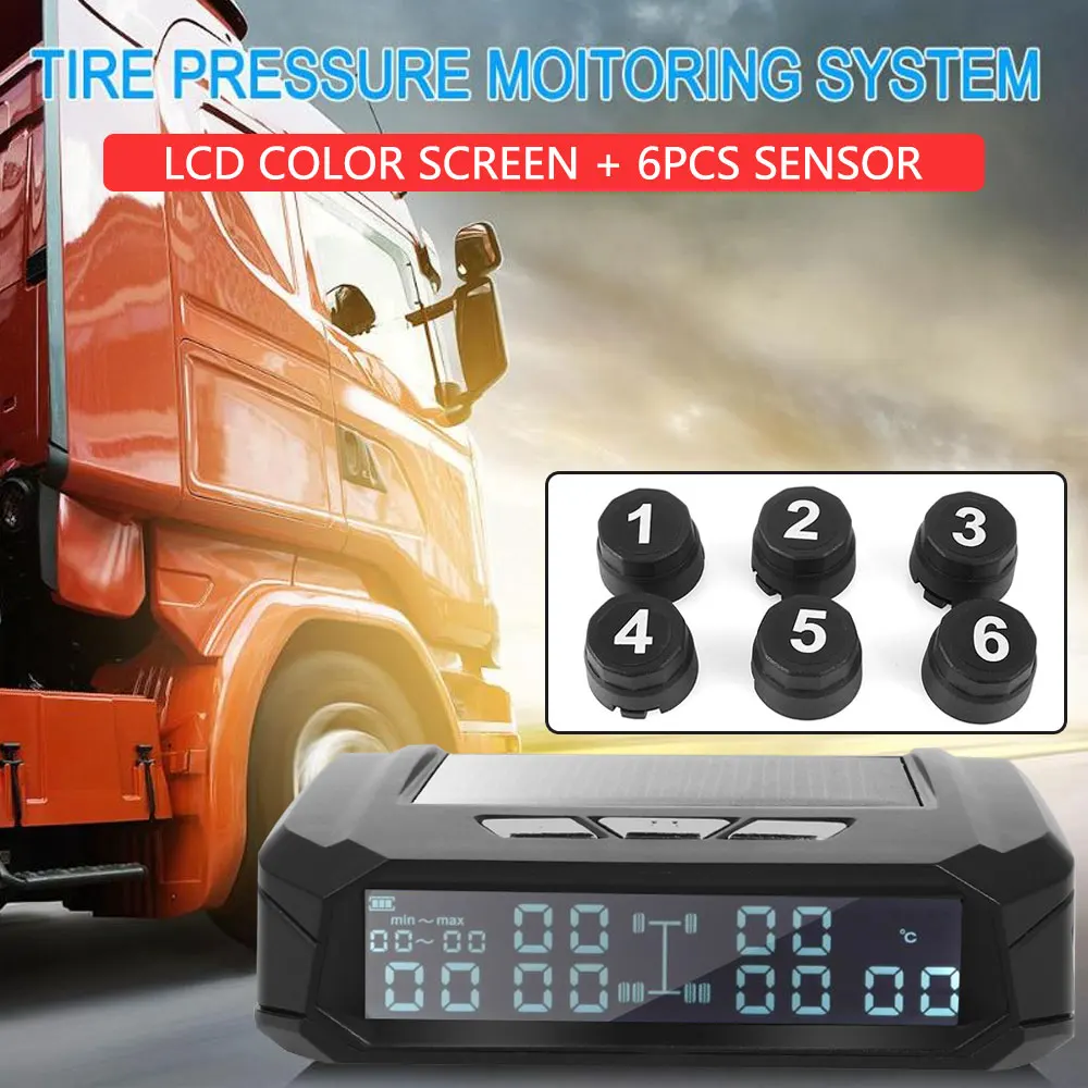 Vehemo Tire Pressure Monitoring System USB Truck TPMS LCD 2.0-3.6V 9.0bar 6PCS External Sensor High Temperature Alarm Windshield