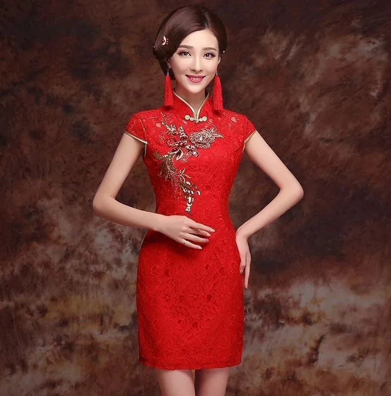 Мода Корто Cheongsam las mujeres chino tradicional de la boda Vestido de encaje rojo Qipao estilo Восточное винтажное платье