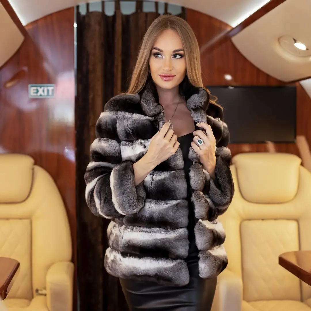 FURSARCAR 2021 Top Fashion Natural Rex Rabbit Fur Chinchilla Color Furs Jacket Real Rabbit Fur Thick Warm Winter Woman Overcoat