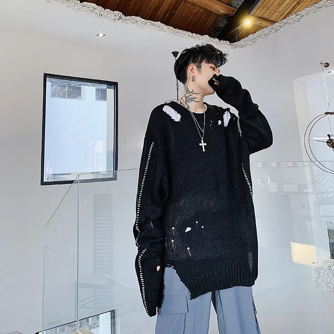 M-XL! дизайнерские модели прилива мужчин ленивый свободный отверстие тонкий свитер осень шик личности Асимметричный вязаный свитер