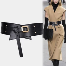 

New Knot Belts For Coat Khaki Super Wide Cummerbunds Dress Black Soft Pu Leather Waistbands Sexy Gold Pin Buckle Waist Seal Lady