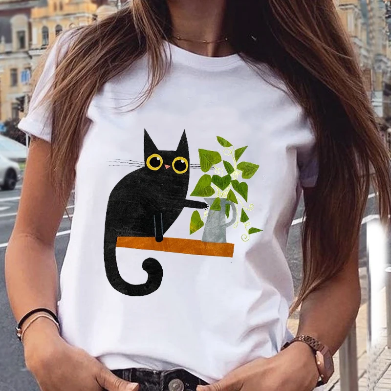 Women Graphic Cat Lovely Animal Fashion Short Sleeve Spring Summer Cartoon Print Female Clothes Tops Tees Tshirt T-Shirt