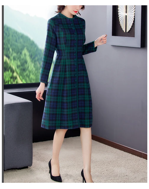 Autumn Winter Green Plaid Woolen Dresses 2022 Casual Vintage Warm