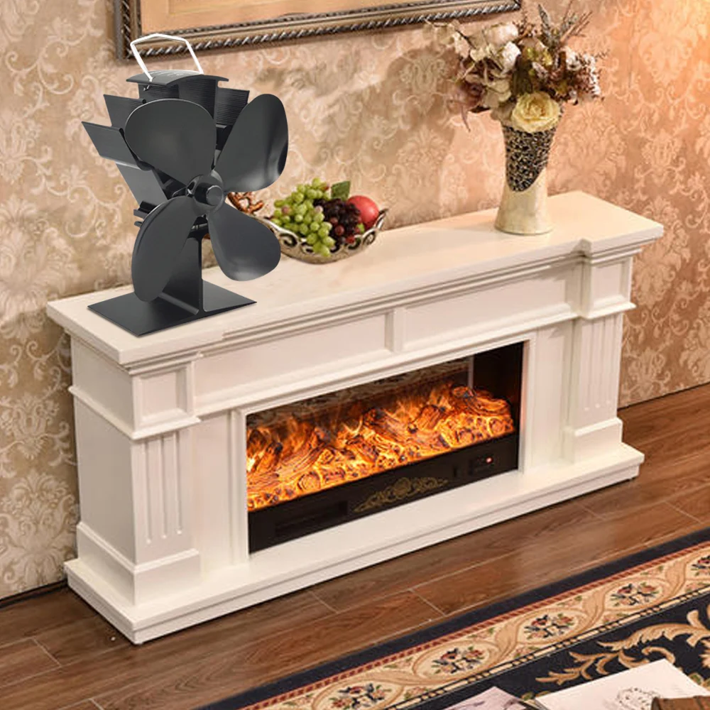 Black Stove Fan 4 Blade Fireplace Fan Heat Powered Wood Eco Burner Fan Friendly Quiet Home Efficient Heat Distribution