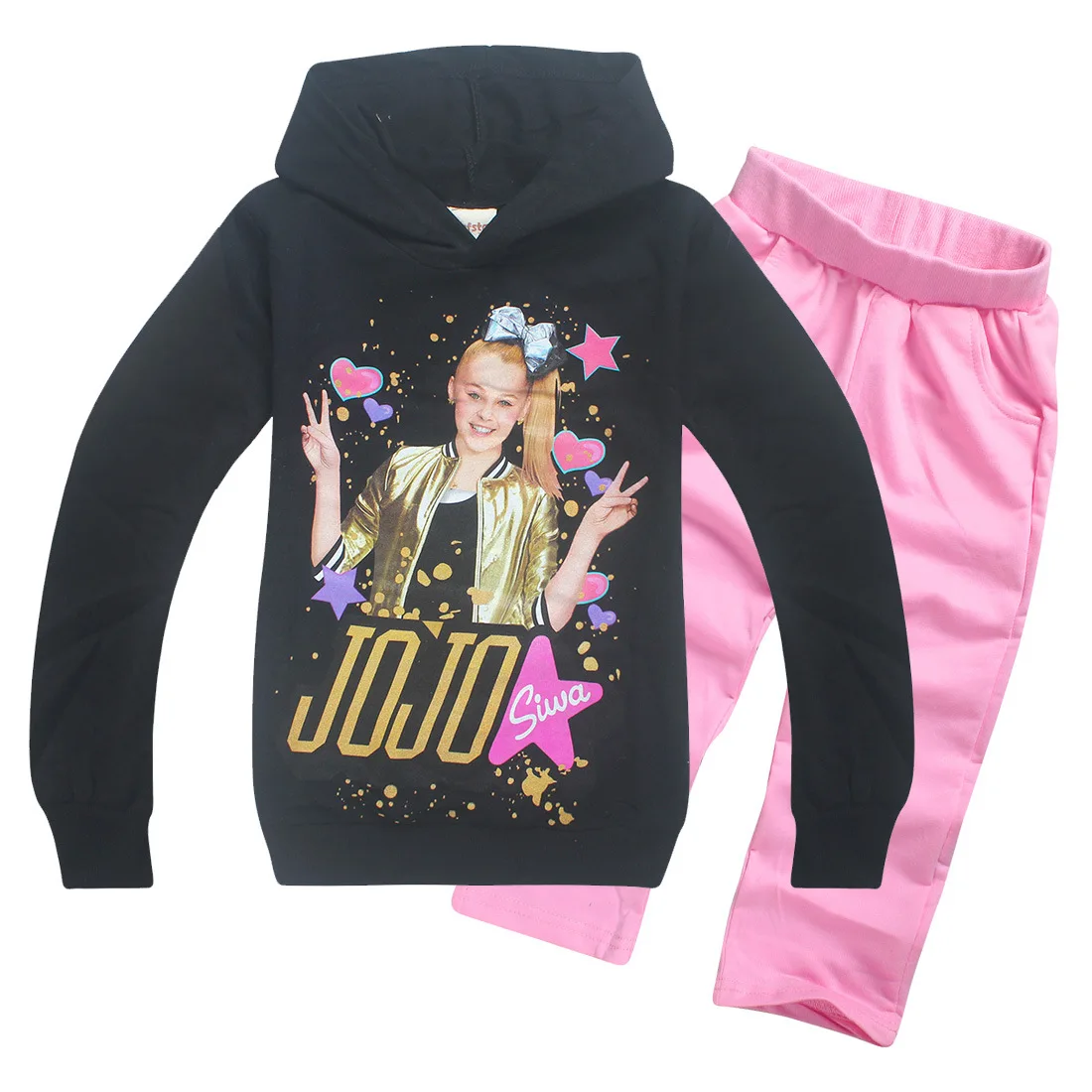 JOJO siwa/весенне-Осенняя детская хлопковая футболка с длинными рукавами и рисунком для девочек толстовка с капюшоном+ штаны, детский спортивный костюм, одежда - Цвет: F7221setBlack