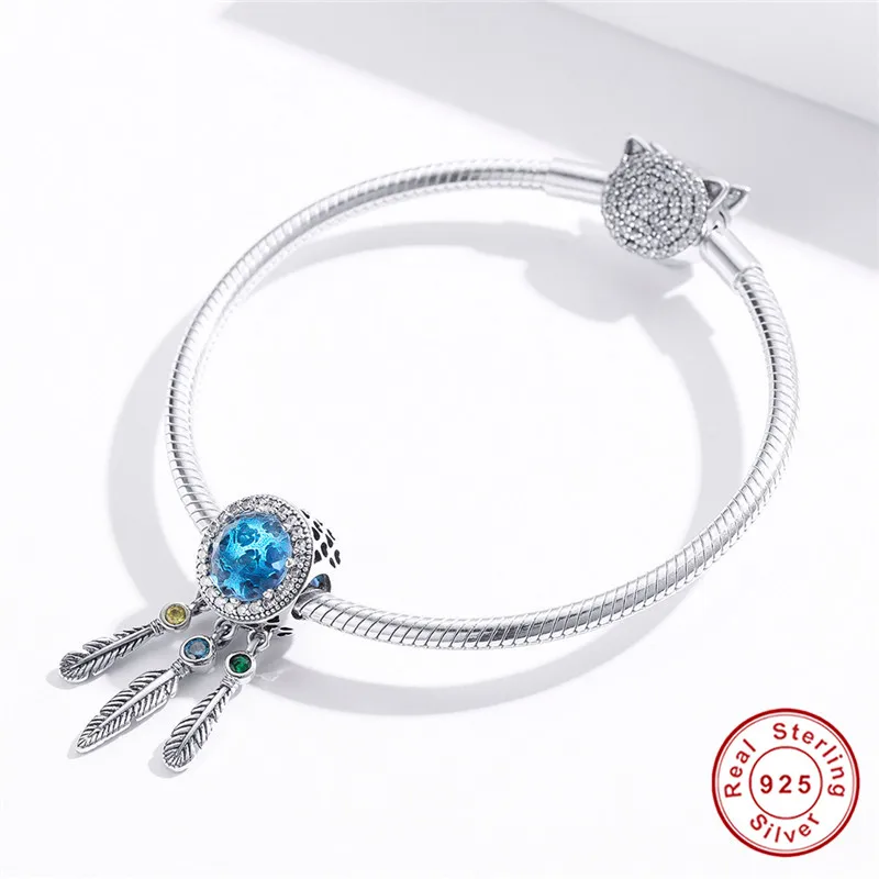 Браслет Pandora, серебро 925,, голубой CZ, Ловец снов, амулеты, S925, Круглый, Богемия, перо, циркон, бусины для изготовления ювелирных изделий