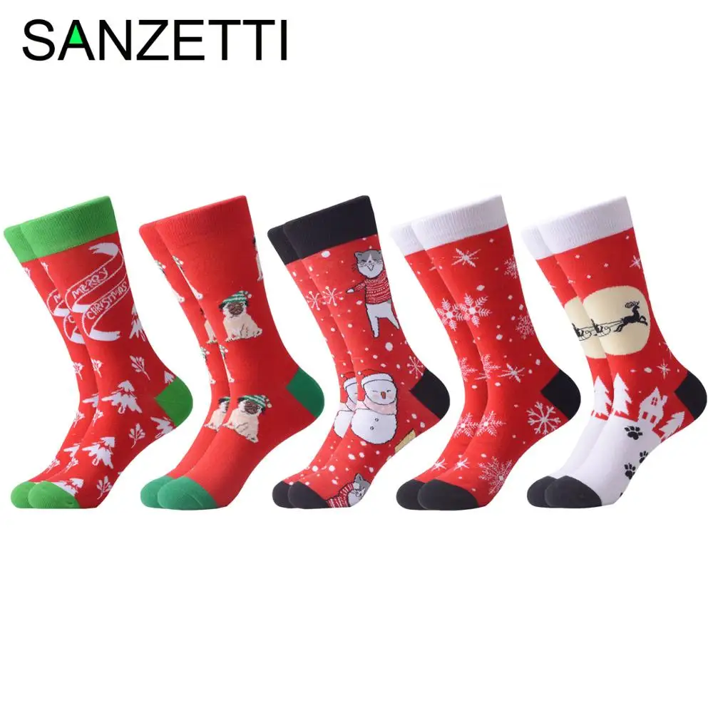 SANZETTI Men?s Colorful Happy Socks Combed Cotton New Year Santa Claus Tree Snow Elk Christmas Socks Dress Breathable Gift Socks