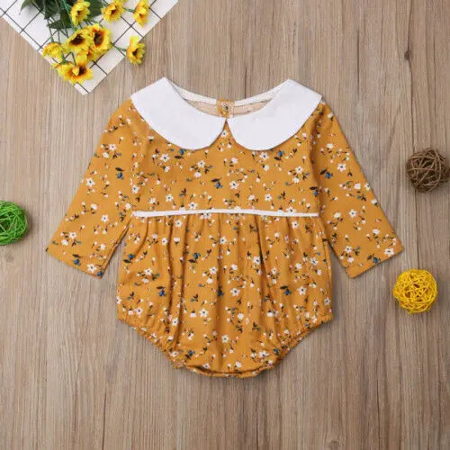 PUDCOCO Cute Newborn Baby Girl Floral Romper Toddler Bbay Long Sleeves Flower Printed Outfit Clothes Peter Pan Collar Rompers