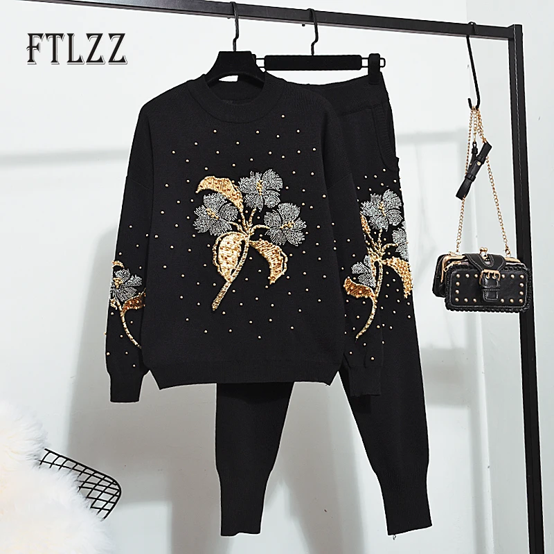 

Women 2 Piece Set Clothing Autumn Winter Knit Embroidered Sequins Nail Beads Sweater Top + Long Pant Biker Set Woman Tracksuit