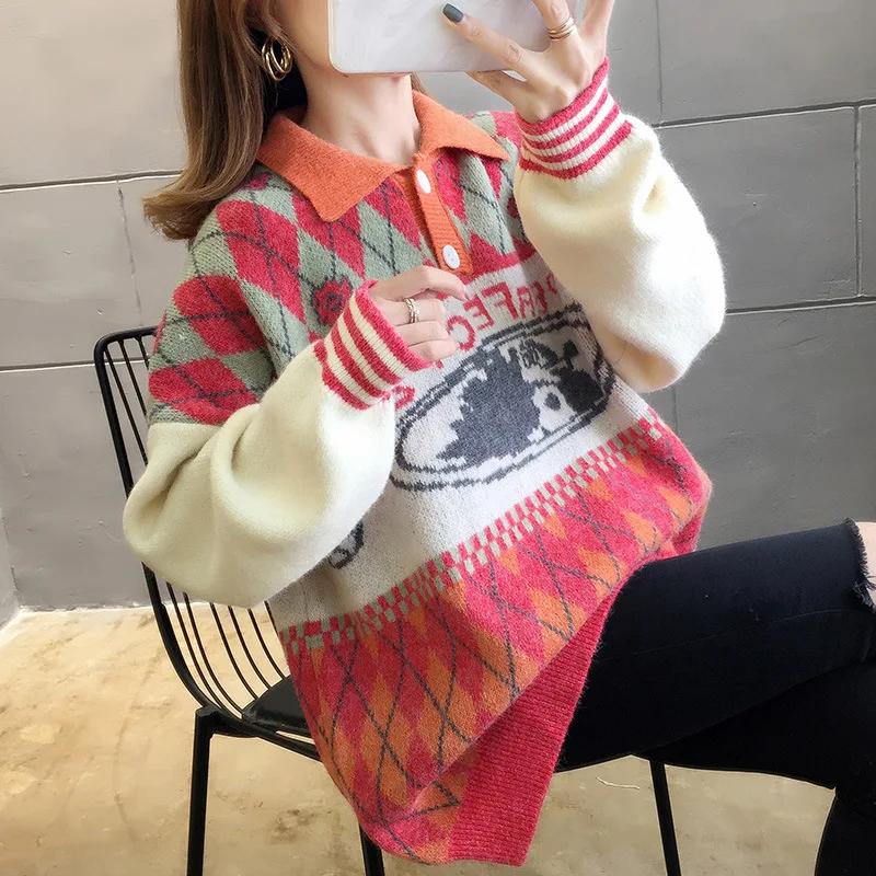 

Korean-style 2019 Autumn New Style Polo Collar Pullover Contrast Color Sweater Sweater Women's