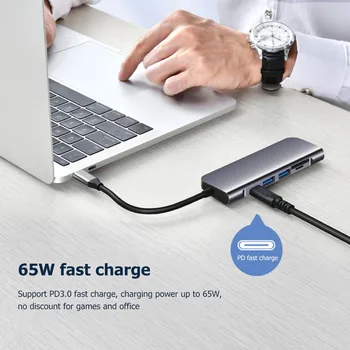 

PD HDMI Adapter Card Reader Type C Dongle to USB 3.0 USB C Hub 6 in 1 Household Computer Accessories for Laptop