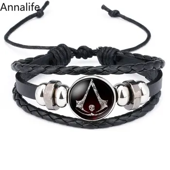 

2019 Assassins-Creed Bracelet Time Gem Glass Button Weaving Leather Bangle Lace-up Generous Simple Jewelry Gifts