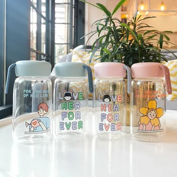 

Korea English Alphabet Transparent Glass with Rope Lid High Temperature Resistant Outdoor Travel Portable Cup for Women Man Kids