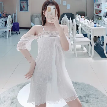 

One-shouldered Seductive Lace Transparent Gauze Large Night Skirt Lingerie Sexy Hot Erotic Nightwear Sexy Lingerie Plus Size