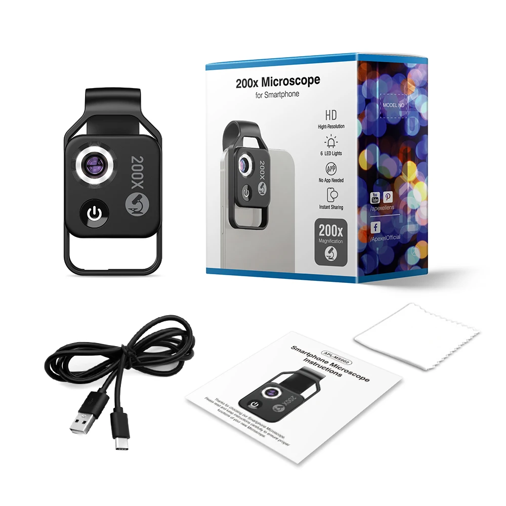 APEXEL 200X Phone Camera Microscope Lens HD Cellphone telescope Lens Portable Digital Microscope Phone Macro Lentes phone microscope lens