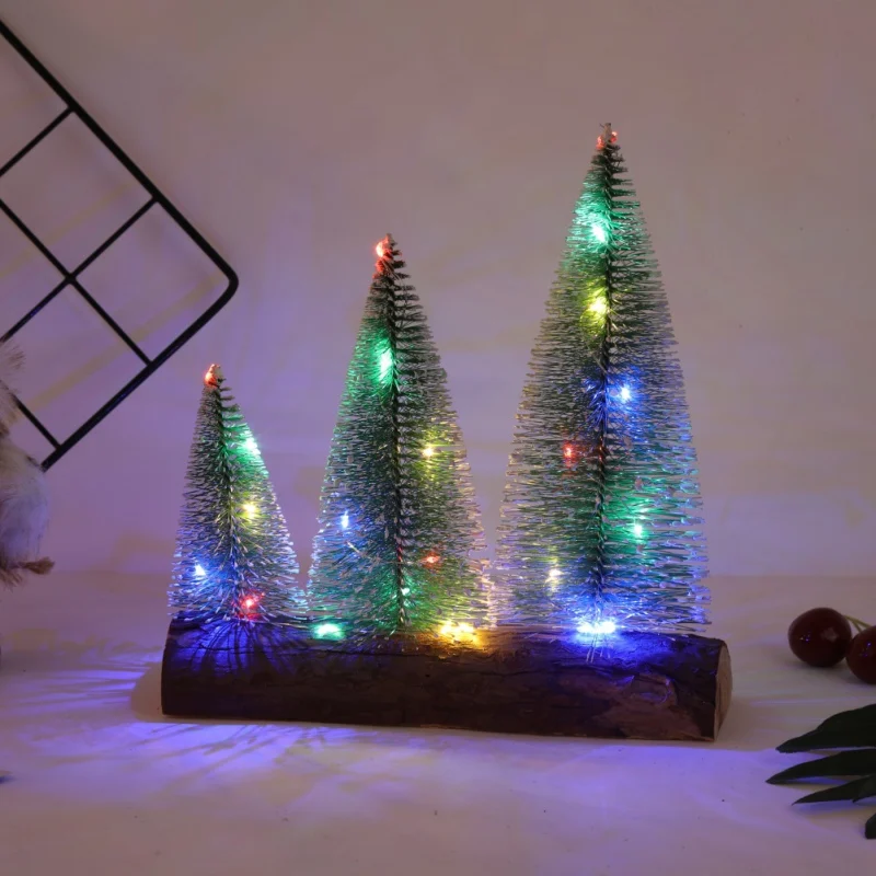 

Tabletop Christmas Tree Miniature Pine Frosted With LED Design Trees With Wood Base Crafts Home Decor Ornaments