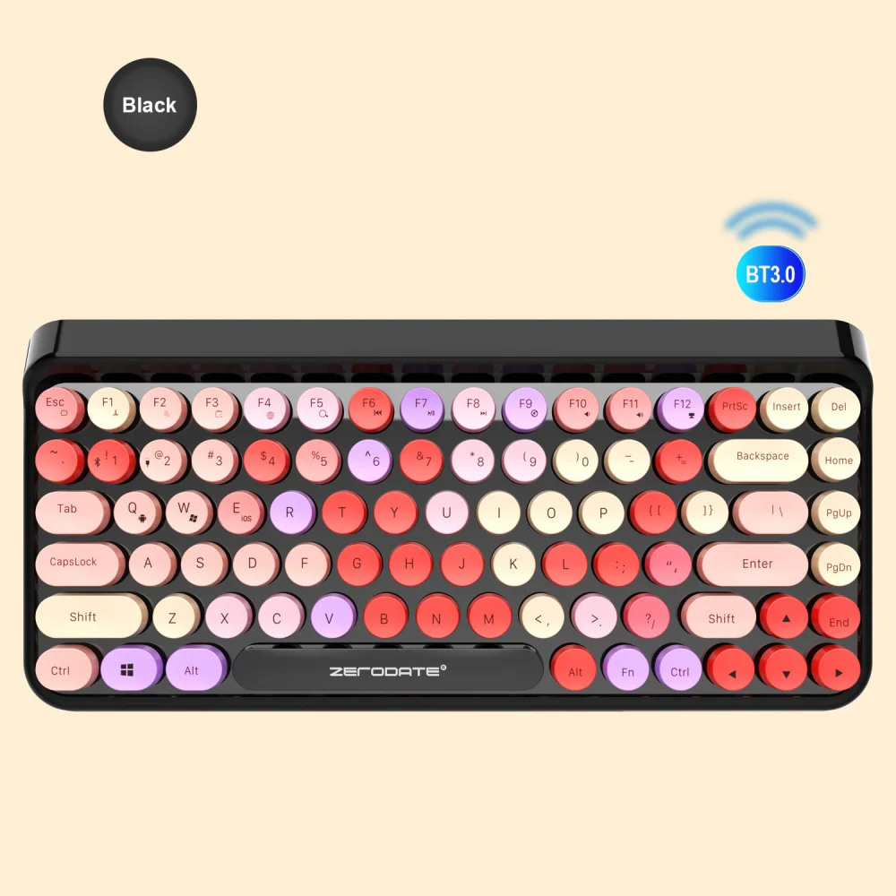 

ZERODATE new fashion Bluetooth keyboard colorful retro round punk key cap 84 key wireless keyboard portable office games for