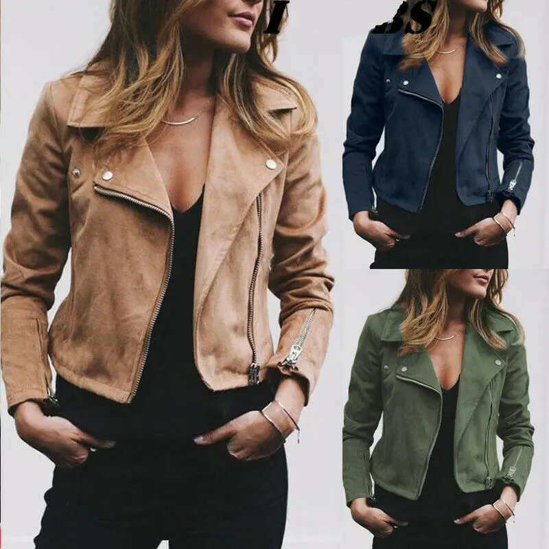

Plus Size Womens Ladies Suede Leather Jacket Flight Coat Zip Up Biker Tops