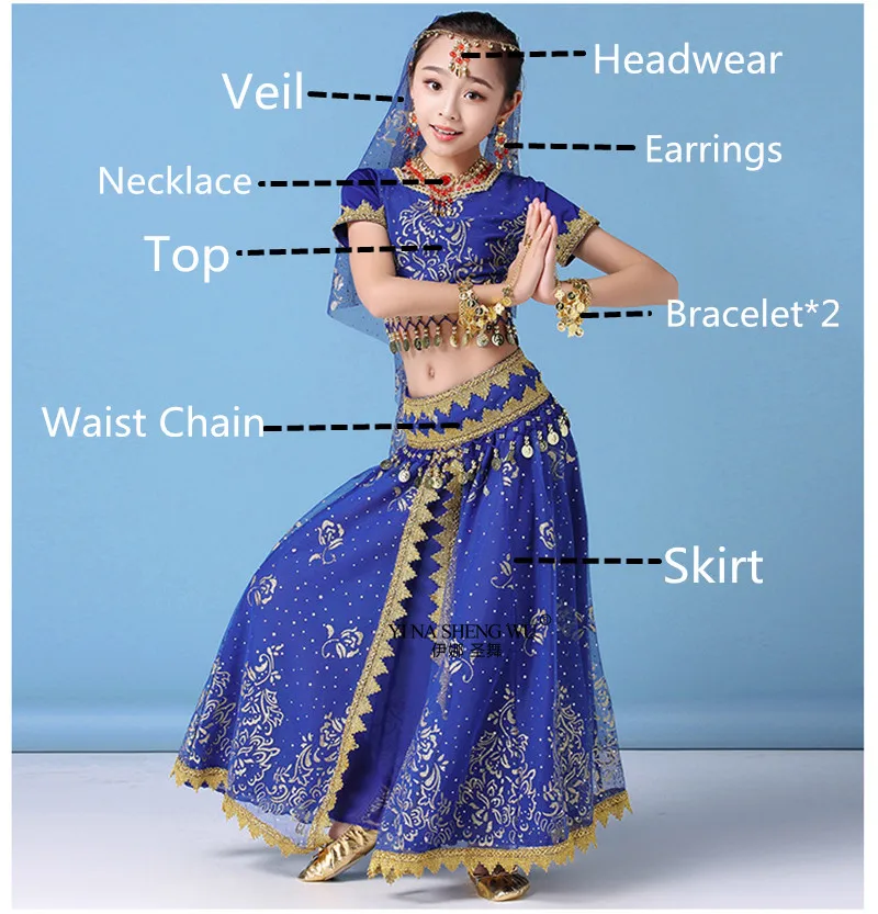 8pcs set-bule Детская одежда Набор костюма для танца живота сценическое живота Одежда для танцев для девочек Индии Танцы Болливудский костюм, для детей от 3/8 шт - Цвет: 8pcs set-bule