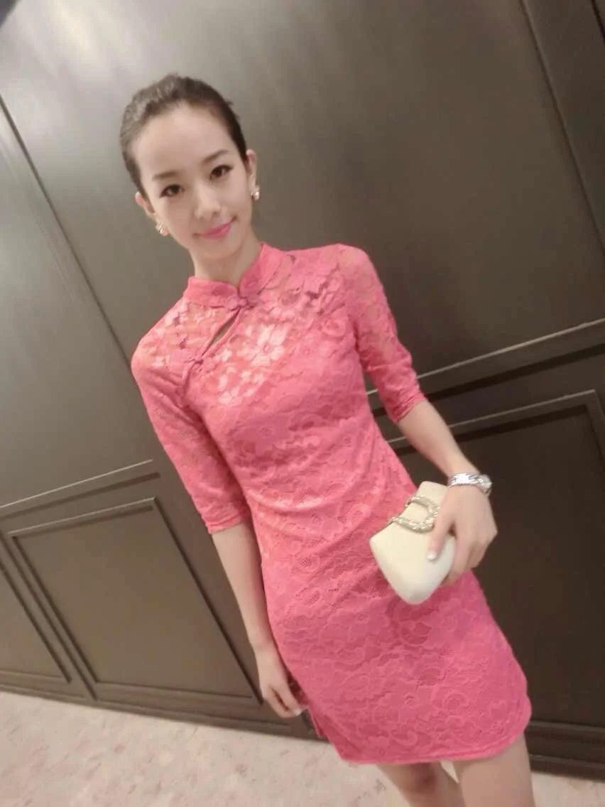 Кружевное женское платье cheongsam азиатское свадебное вечернее платье с вырезом воротник стойка qipao платье для выпускного вечера Сетчатое платье - Цвет: color1