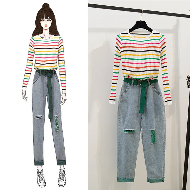 

Photo Shoot 2019 Western Style Worry Set Female Autumn Slimming Stripes Sweater + Cowboy Trousers Two-Piece Set WOMEN'S Dress