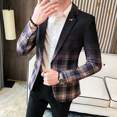 2021 Men Suit Jackets Spring Autumn Plaid Slim Business Formal Casual Check Blazers Office Work Party Prom Wedding Groom coat casual blazer Suits & Blazer