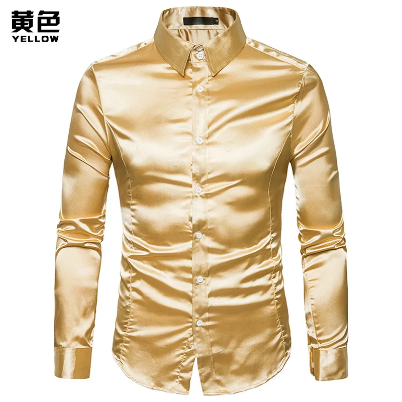 Plus size S-XXL Men Shirt Silk Satin Smooth Men Solid Tuxedo Business Shirt Men Casual Slim Fit Shiny Gold Wedding Dress Shirts mens short sleeve white shirt