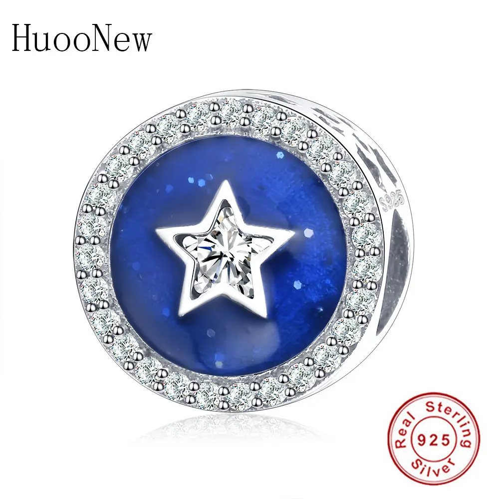 Blue Enamel Round Clear Zircon Star Beads Fit Original Pulseiras Charms Bracelet 925 Sterling Silver Jewelry Summer Gift | Украшения и