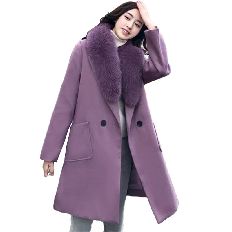 Best New Fashion Oversize Woolen Coat Women Winter Real fox fur collar Thicken Warm Jacket Female Plus size M 6XL Wool Outerwear G718