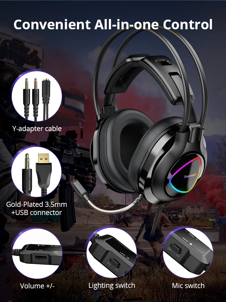 Tronsmart Glary Alpha Gaming Headphones ps4 Headsets Gamer with LED Lighting 3 5mm USB Port for ps4 witch Computer Laptop