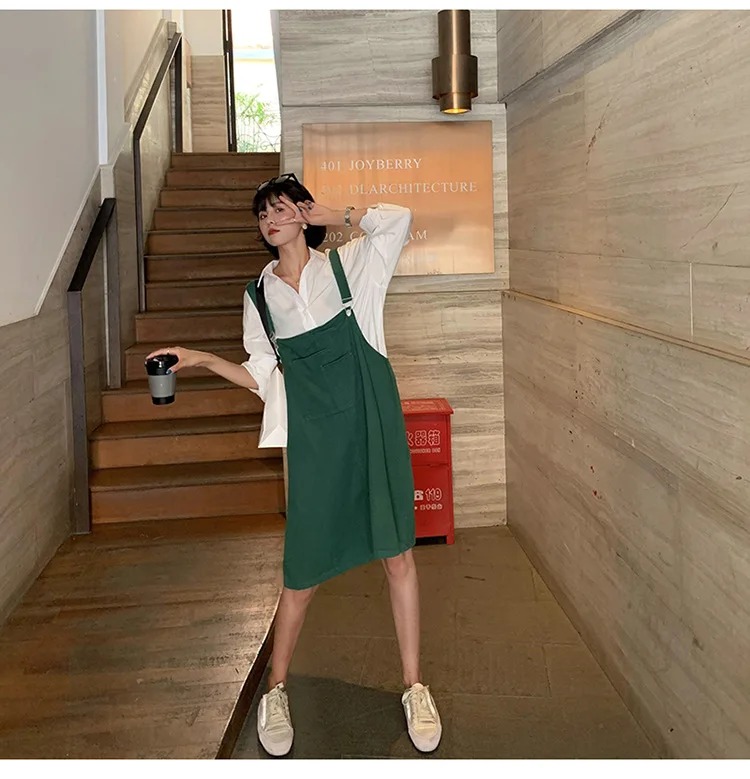 Strap Dress Women's Autumn New Style Korean-style Students Loose-Fit Slimming Black And White with Pattern GIRL'S Full Body
