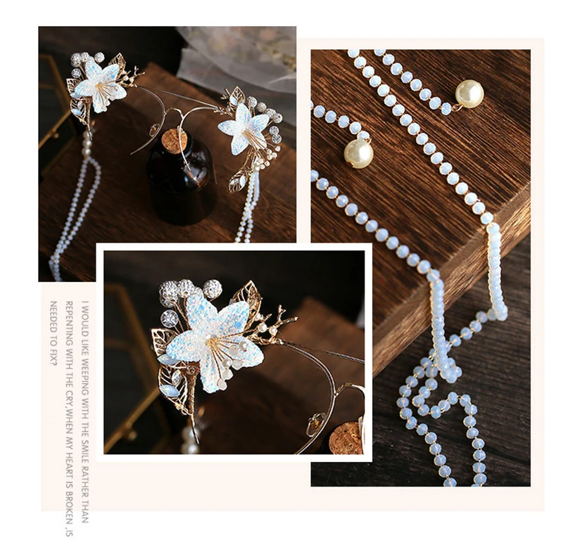 Zilead Women Crystal Double Beam Glasses Frame Metal Half Frame Bride Flower Eyeglasses With Pearl Chain Photo Props Decoration