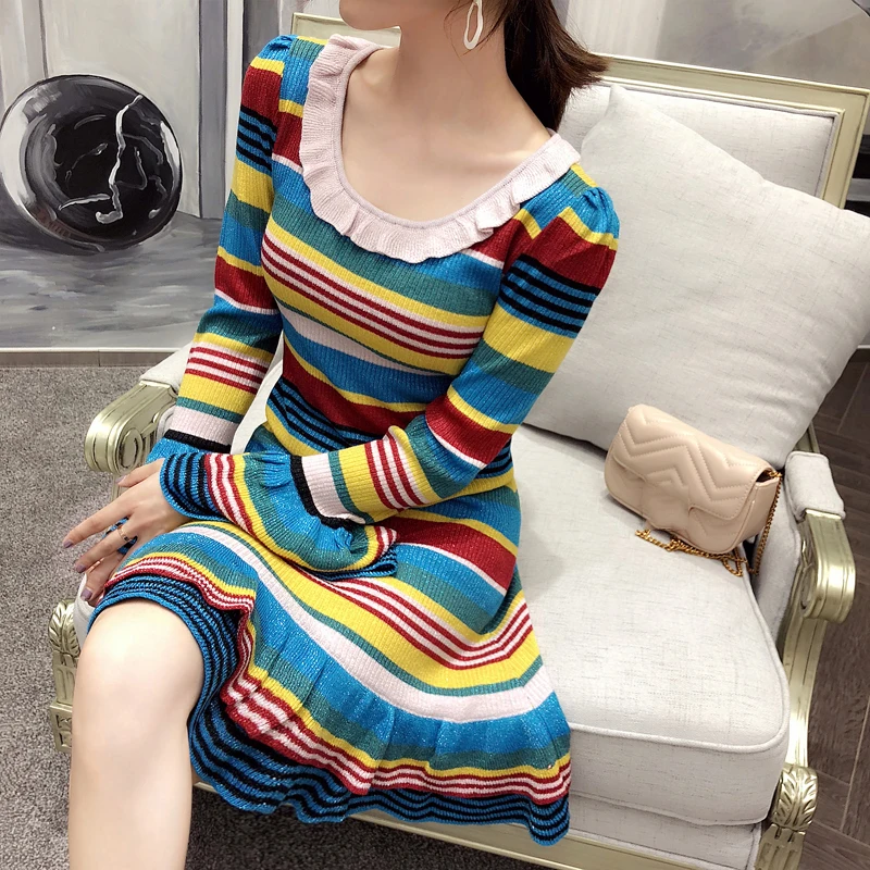 2020 Новый Контрастный ЦВЕТНОЙ полосатый блестящий кардиган с воланами женское
