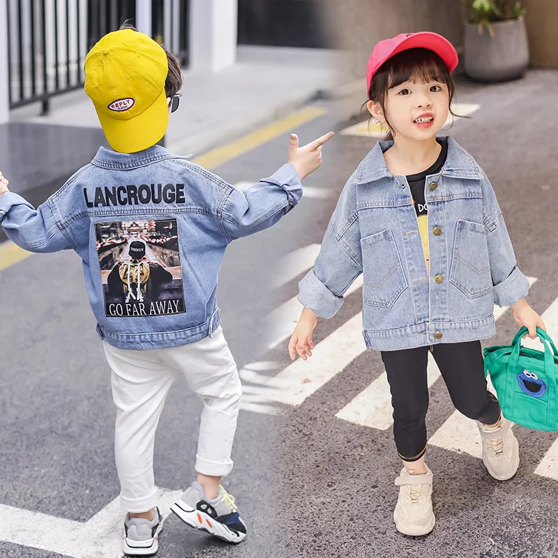 

2019 Autumn New Style Korean-style Men And Women Children Tops Children Back Applique Patterned Denim Jacket